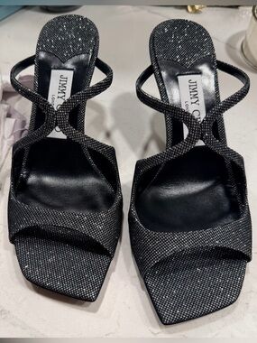 Never worn! Jimmy Choo Black Sparkle Crisscross High Heel Sandals
